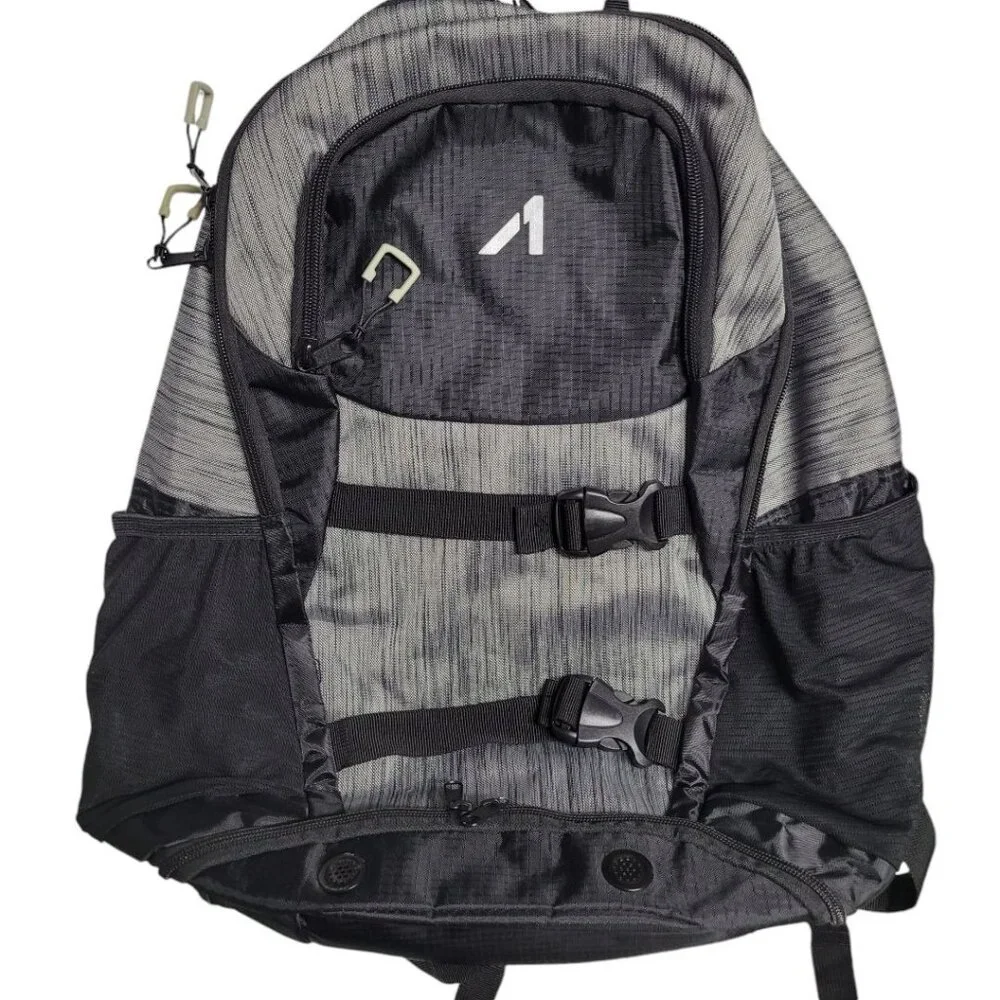 Backpack‎ School Black Gray Padded Pockets Water Bottle Wide Bottom